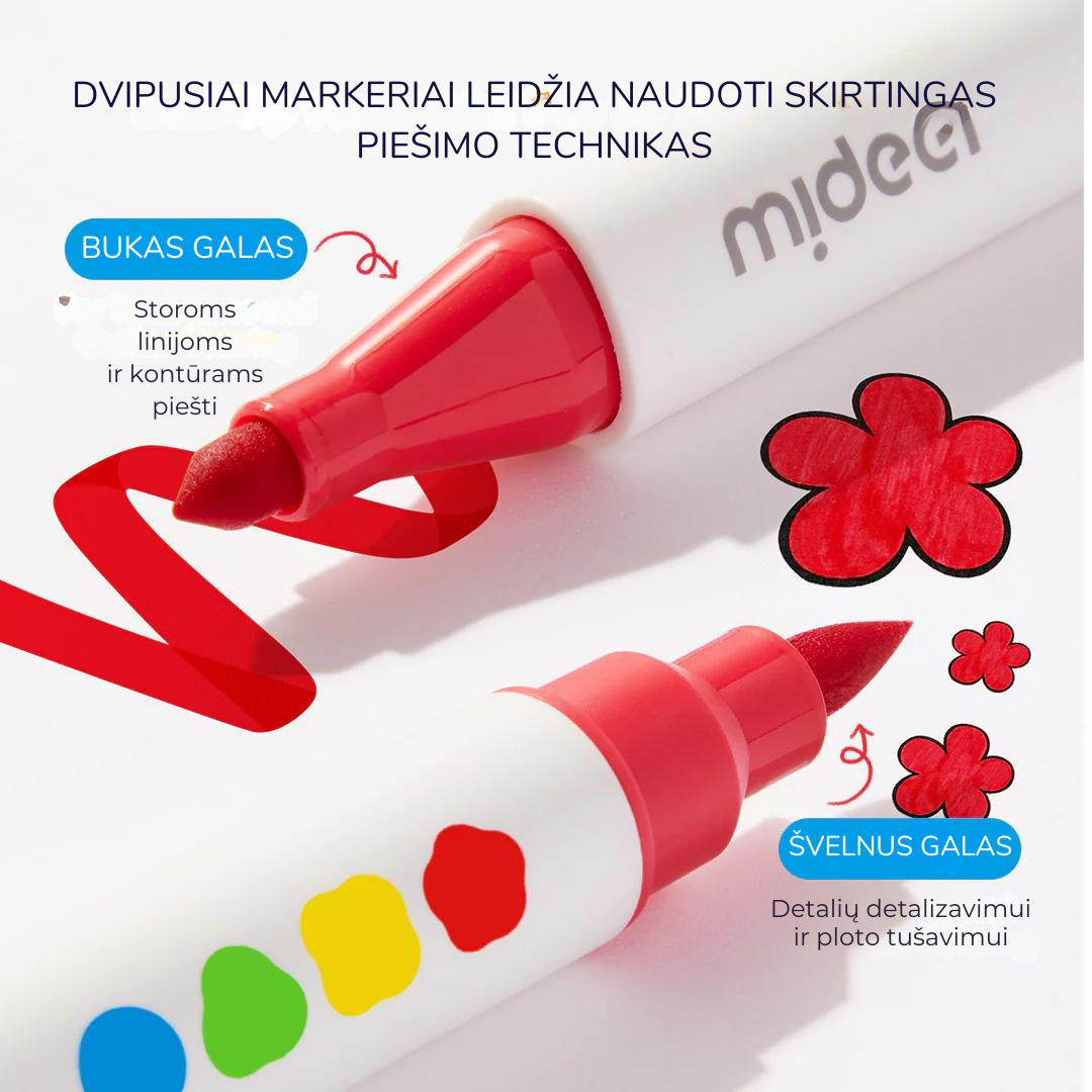 Dvipusiai nuplaunami markeriai - 12 spalvų